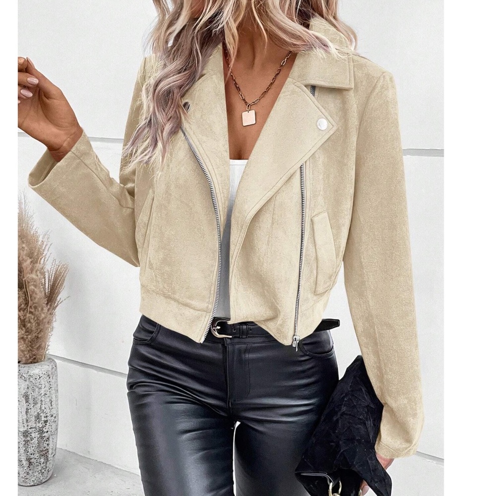 Luxe Vegan Suede Zipper Biker Moto Jacket Coat - Picture 3 of 8